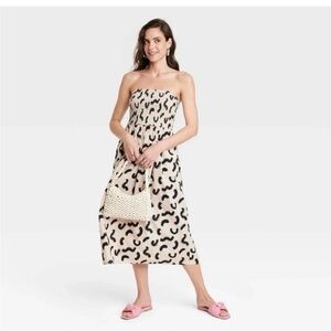 A New Day- Cream Strapless Midi Dress with Black Abstract Spots